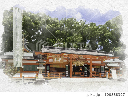 水彩画風 新宮 熊野速玉大社 拝殿 和歌山県新宮市 水彩画風 新宮 熊野速玉大社 拝殿 和歌山県新宮市 100888397
