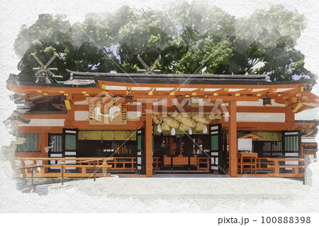 水彩画風 新宮 熊野速玉大社 拝殿 和歌山県新宮市 水彩画風 新宮 熊野速玉大社 拝殿 和歌山県新宮市 100888398