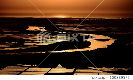 夕暮れの庄内平野 100889572