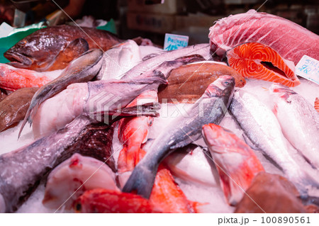 Fresh fishes in a market. Shopping in an Spain Seafood Store 100890561