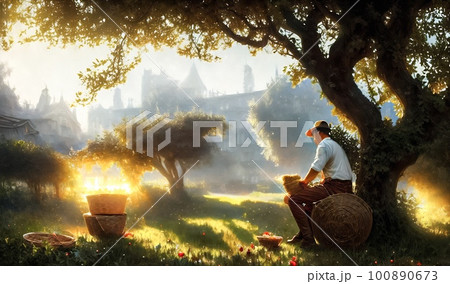 Male farmer in work clothes sits under a tree in his farm field and takin a break enjoying beautiful afternoon sunny summer day.Harvest season in the countryside.Concept art Male farmer in work clothes sits under a tree in his farm field and takin a break enjoying beautiful afternoon sunny summer day.Harvest season in the countryside.Concept art 100890673