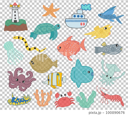 海の生き物のイラストセット 海の生き物のイラストセット 100890676