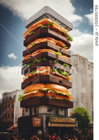 Sandwich Skyscraper. A building made in the form of a huge sandwich. Conceptual skyscraper. Architectural culinary abstraction. An advertisement for a bar or restaurant. Concept art Sandwich Skyscraper. A building made in the form of a huge sandwich. Conceptual skyscraper. Architectural culinary abstraction. An advertisement for a bar or restaurant. Concept art 100890786