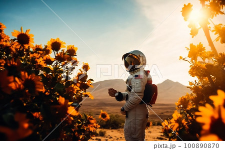 An astronaut botanist analyzes sunflower-like plants encountered on an alien planet. A beautiful sunny day. Illustration Concept art An astronaut botanist analyzes sunflower-like plants encountered on an alien planet. A beautiful sunny day. Illustration Concept art 100890870