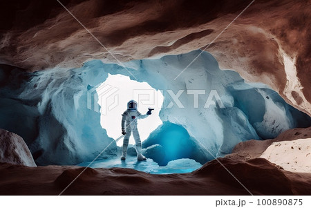 An astronaut stands at the entrance of a cave with a measuring device to explore it. An expedition on an alien uninhabited planet. Illustration Concept art. An astronaut stands at the entrance of a cave with a measuring device to explore it. An expedition on an alien uninhabited planet. Illustration Concept art. 100890875