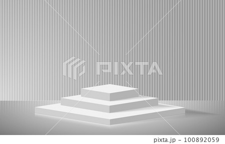 Realistic white square podium steps on grey vector Realistic white square podium steps on grey vector 100892059