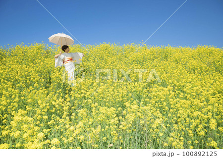Japanese woman in a beautiful yellow flowers field Japanese woman in a beautiful yellow flowers field 100892125