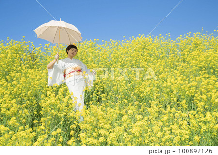 Japanese woman in a beautiful yellow flowers field Japanese woman in a beautiful yellow flowers field 100892126