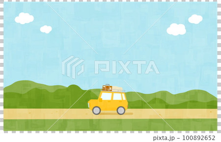 一輛滿載行李旅行的汽車和春天的風景背景 一輛滿載行李旅行的汽車和春天的風景背景 100892652