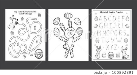 Easter Worksheets set with cute bunnies. Black and white spring activity pages collection for kids Easter Worksheets set with cute bunnies. Black and white spring activity pages collection for kids 100892891