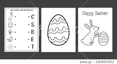 Easter Worksheets set with cute bunny. Black and white spring activity pages collection Easter Worksheets set with cute bunny. Black and white spring activity pages collection 100892932