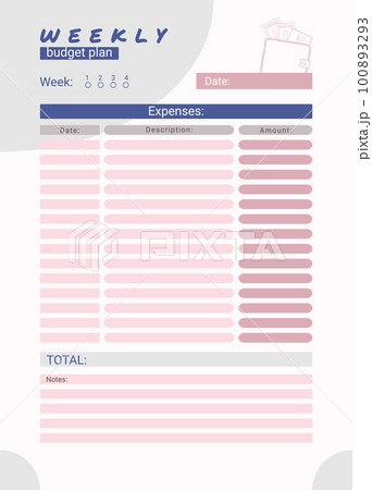 Weekly personal monthly budget planner, vector illustration Weekly personal monthly budget planner, vector illustration 100893293