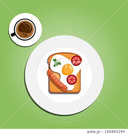 Sandwich top view. Toast with toasted egg, and tomato for a healthy breakfast isolated in blue background. Fast food elements, paper cut out vector illustration Sandwich top view. Toast with toasted egg, and tomato for a healthy breakfast isolated in blue background. Fast food elements, paper cut out vector illustration 100893294
