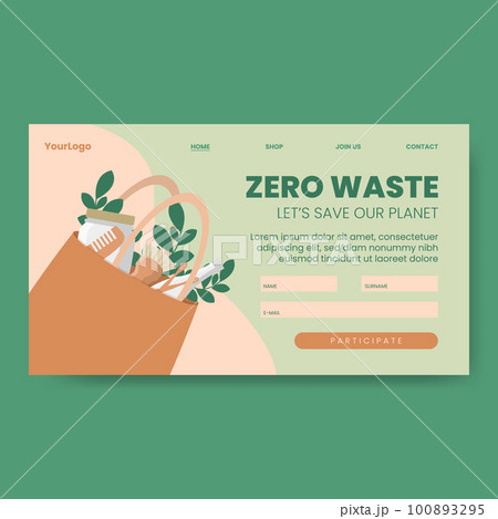 Eco bag with eco products, and leaves with text Zero Waste on a landing page, vector illustration 100893295