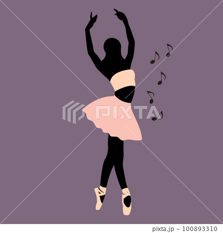 Vector illustration classical ballet. African faceless woman ballet dancer in pink tutu and pointe shoes dancing with musical notes on purple background in a flat style Vector illustration classical ballet. African faceless woman ballet dancer in pink tutu and pointe shoes dancing with musical notes on purple background in a flat style 100893310