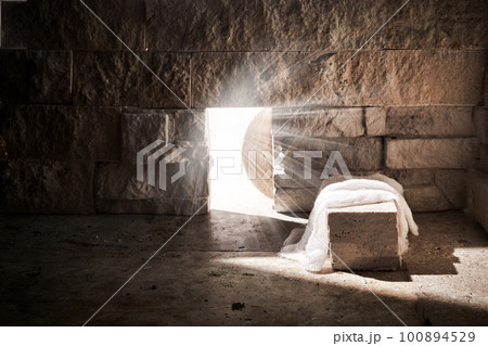 Empty tomb while light shines from the outside. Jesus Christ Resurrection. Christian Easter concept. 100894529