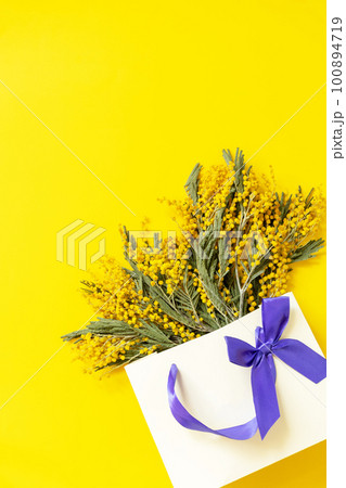Mimosa flowers up gift paper bag on yellow background. Spring concept, flowers composition. Greeting card. View from above. Copy space. Mimosa flowers up gift paper bag on yellow background. Spring concept, flowers composition. Greeting card. View from above. Copy space. 100894719
