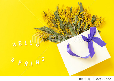 Flowers mimosa up gift paper bag and the inscription hello spring on yellow background. Spring concept, flowers composition. Greeting card. View from above. Copy space. Flowers mimosa up gift paper bag and the inscription hello spring on yellow background. Spring concept, flowers composition. Greeting card. View from above. Copy space. 100894722
