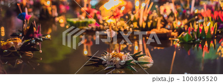 Loy Krathong festival, People buy flowers and candle to light and float on water to celebrate the Loy Krathong festival in Thailand Loy Krathong festival, People buy flowers and candle to light and float on water to celebrate the Loy Krathong festival in Thailand 100895520