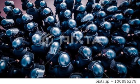 Large group of police officers standing in circle. Generative AI 100896279