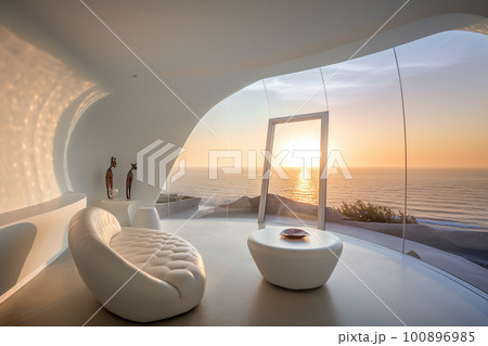 A architectural view to comfortable futiristic living room. AI generative image 100896985