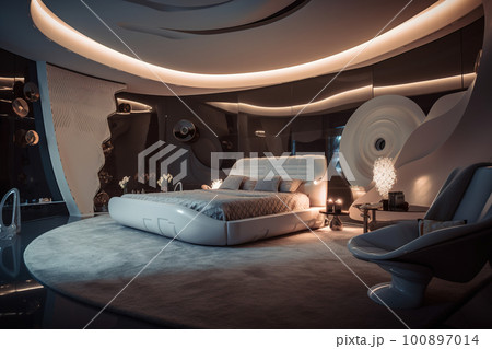 A architectural view to comfortable futiristic bedroom. AI generative image 100897014