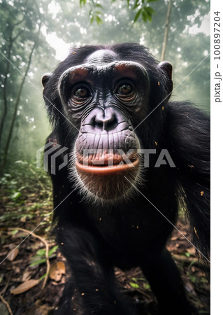 A self portrait of a chimpanzee in nature. AI generative image 100897204