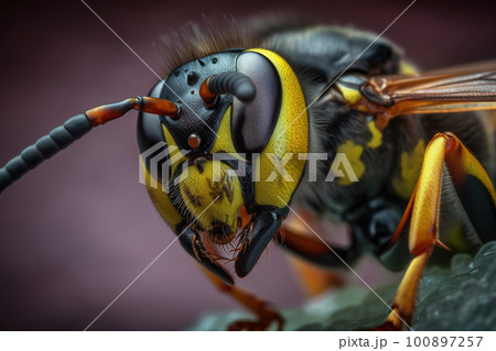 Extreme macro closeup of a wasp in nature, AI generative image 100897257