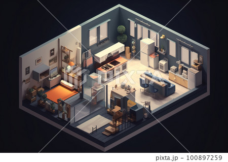 Isometric view of apartment showcase, AI generative illustration 100897259