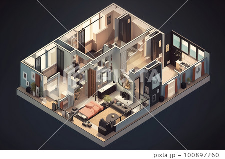 Isometric view of apartment showcase, AI generative illustration 100897260