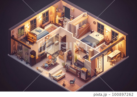 Isometric view of apartment showcase, AI generative illustration 100897262