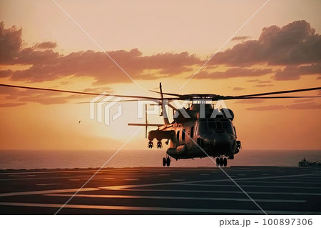 Military helicopter on warship board at sunset. Navy helicopter on board the aircraft carrier in the sea. Created with Generative AI Military helicopter on warship board at sunset. Navy helicopter on board the aircraft carrier in the sea. Created with Generative AI 100897306
