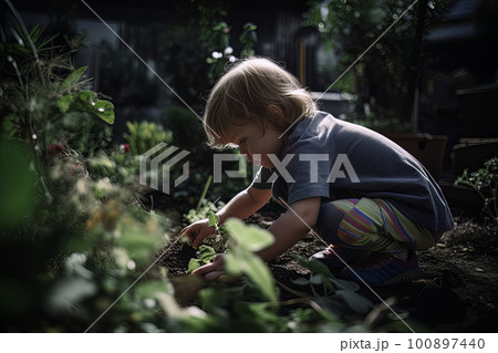 Baby in home garden. Illustration AI Generative 100897440