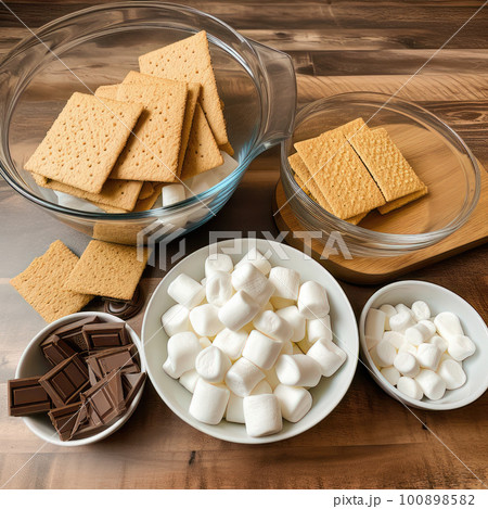 AI generated ingredients for cooking S'mores at home. Sweet dessert with chocolate and marshmallows. Selective focus 100898582