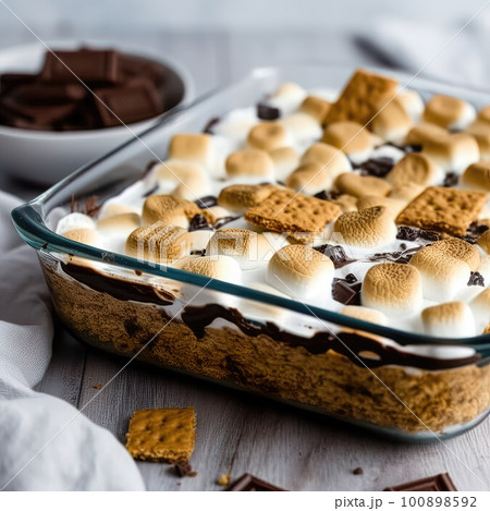 AI generated Sweet dessert with chocolate and marshmallows in baking dish. S'mores at home. Selective focus AI generated Sweet dessert with chocolate and marshmallows in baking dish. S'mores at home. Selective focus 100898592