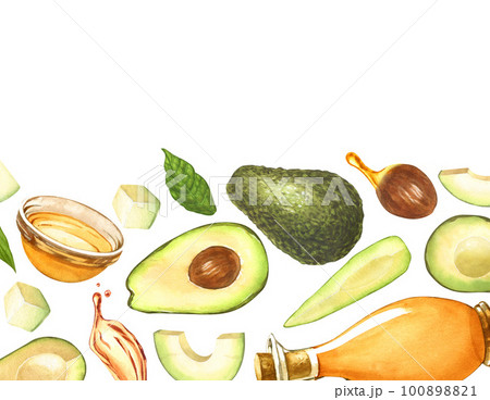 Watercolor frame, ripe avocado and oil in glass bowl, top view. Hand-drawn illustration isolated on white background. Perfect food menu, food drawing, design packing, healthy eating concept 100898821