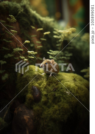 Small cute mouse in a wet green mossy forest, animal in a wild, AI generative image 100899081