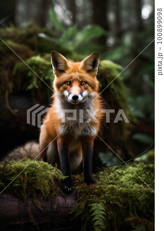 Cute red fox in a wet green mossy forest, animal in a wild, AI generative image Cute red fox in a wet green mossy forest, animal in a wild, AI generative image 100899098