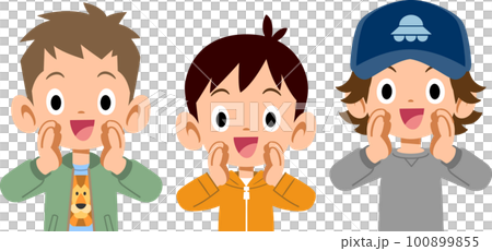 呼びかける三人の小学生男子の上半身 100899855