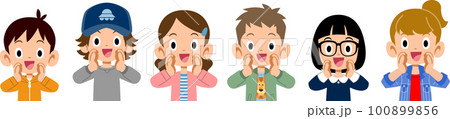 呼びかける六人の小学生男女の上半身 100899856