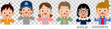 呼びかける六人の小学生男女の上半身 100899856