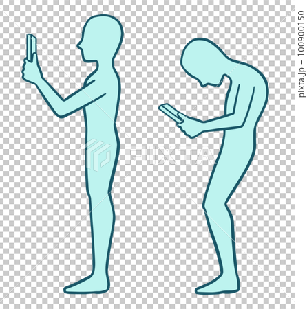 横から見たスマホを持つ人、正しい姿勢と悪い姿勢、青色 横から見たスマホを持つ人、正しい姿勢と悪い姿勢、青色 100900150