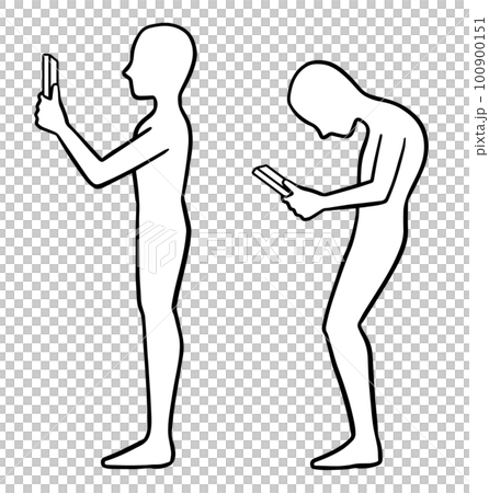 從側面看拿著智能手機的人，正確的姿勢和不良的姿勢，畫線 100900151