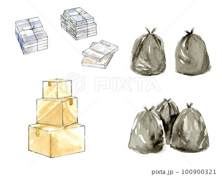 整理整頓 古本と段ボールとゴミ袋のセット 水彩イラスト 整理整頓 古本と段ボールとゴミ袋のセット 水彩イラスト 100900321