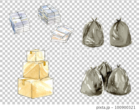 整理整頓 古本と段ボールとゴミ袋のセット 水彩イラスト 整理整頓 古本と段ボールとゴミ袋のセット 水彩イラスト 100900321