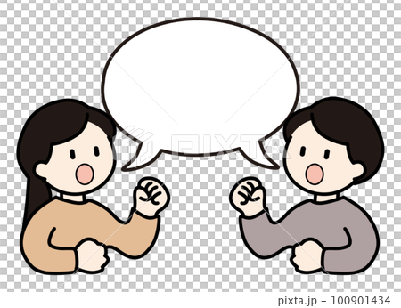 說話和說話泡泡的男人和女人的矢量插圖 100901434