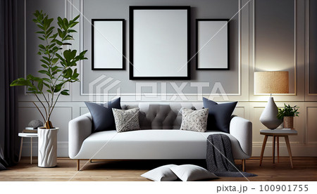 Modern interior design cozy with armchair sofa in living room with and mock up poster frame in white wall at home, lifestyle living room design, empty nobody, 3D render illustration by Generative AI 100901755