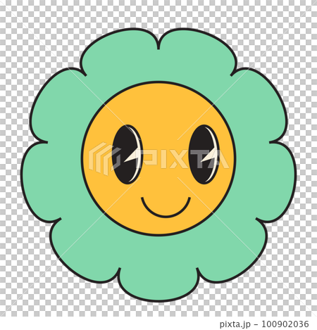 Groovy flower cartoon characters. Funny happy daisy with eyes and smile. Groovy flower cartoon characters. Funny happy daisy with eyes and smile. 100902036