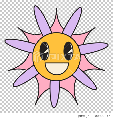 Groovy flower cartoon characters. Funny happy daisy with eyes and smile. Groovy flower cartoon characters. Funny happy daisy with eyes and smile. 100902037