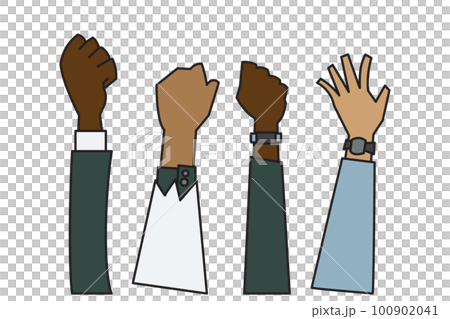 people raising hands that are different Ethnicity, gender, age and skin color 100902041